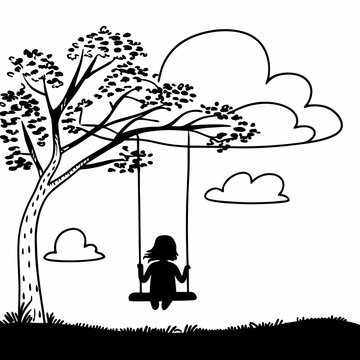 Child silhouette on tree swing at sunset peaceful outdoor scene black and white illustration vector art nature landscape