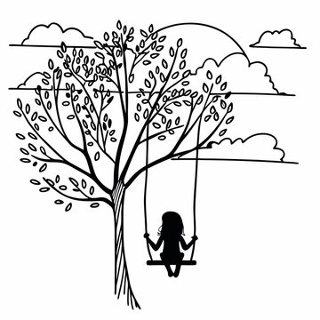 Child silhouette on tree swing vector illustration black and white line art drawing nature outdoor play childhood memories