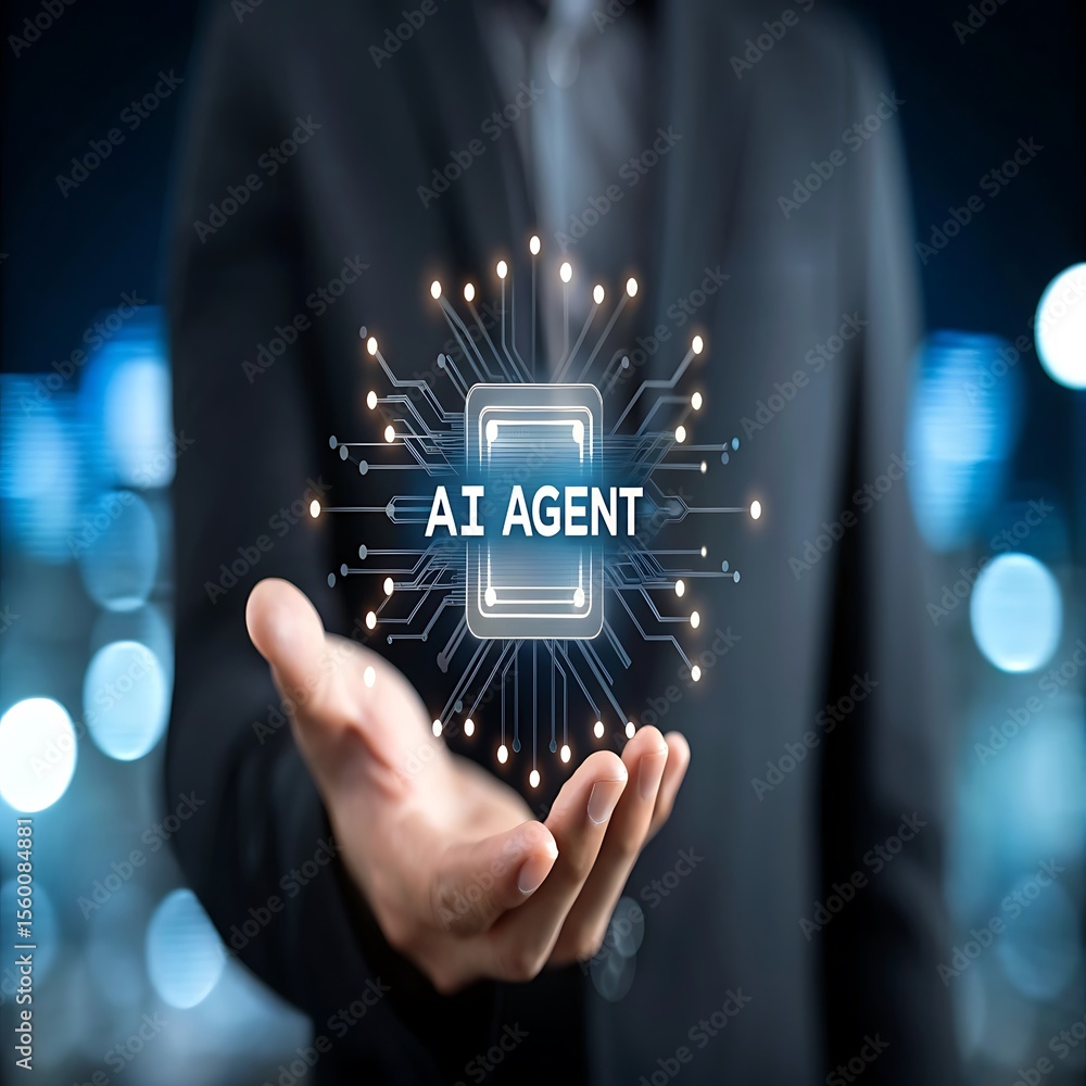 Poster futuristic artificial intelligence chip glowing with light circuits over open palm agent technology