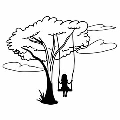 Child silhouette playing on tree swing under large tree with clouds simple black and white line art illustration drawing