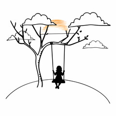Child silhouette swinging on tree swing outdoors minimalist line art illustration with clouds and sun simple black white drawing