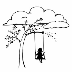 Child silhouette on tree swing under cloudy sky simple black and white line drawing illustration vector art design element