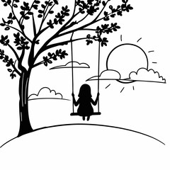 Child on tree swing silhouette black and white line art drawing with sun and clouds peaceful outdoor nature scene illustration