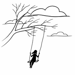 Child swinging on tree swing silhouette black and white minimalist line art drawing outdoor nature childhood memories concept