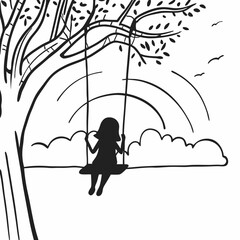 Child silhouette swinging under tree with umbrella in dreamy outdoor scene black and white line art illustration for kids