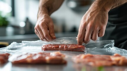 Preparing fresh meat for vacuum sealing in a modern kitchen setting during daylight hours