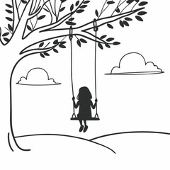 Simple line drawing of child on tree swing silhouette with clouds peaceful outdoor scene black and white illustration vector art
