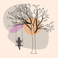 Child on swing under bare tree in autumn minimalist illustration vector art design with abstract colorful background shapes