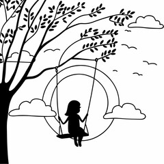 Child silhouette on swing under tree branches with clouds peaceful nature scene black and white line art illustration drawing