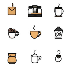 Coffee Icon Set: Line Icons Featuring Beans, Mugs, and Brewing Equipment for Caf�� or Beverage Themes, PNG