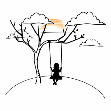 Child silhouette swinging on tree swing outdoors minimalist line art illustration with clouds and sun simple black white drawing