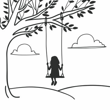 Simple line drawing of child on tree swing silhouette with clouds peaceful outdoor scene black and white illustration vector art