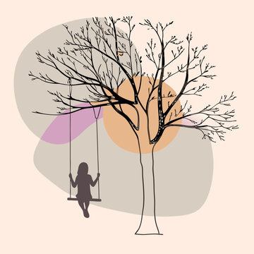 Child on swing under bare tree in autumn minimalist illustration vector art design with abstract colorful background shapes