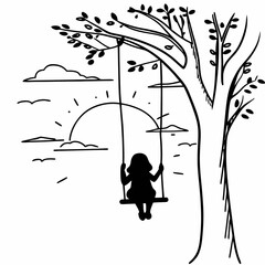 Child silhouette on tree swing in peaceful nature landscape black and white line art illustration for coloring book pages