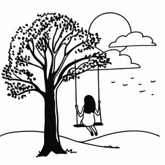 Simple black and white line drawing of girl on tree swing under cloudy sky minimalist illustration vector art coloring book page