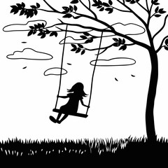 Child silhouette swinging on tree swing in peaceful park setting with clouds and grass black and white illustration vector