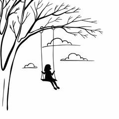 Child silhouette swinging on tree swing outdoor playground childhood freedom joy simple black white line art illustration