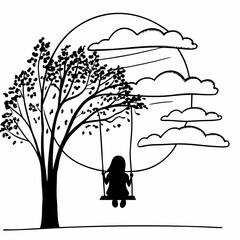 Child on tree swing silhouette black and white illustration with clouds peaceful outdoor scene vector art design element