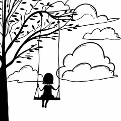 Child on tree swing silhouette black and white illustration with clouds and branches for children book design and storytelling