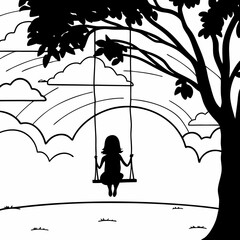 Girl on swing silhouette black and white illustration with tree and clouds dreamy childhood memory vector art design