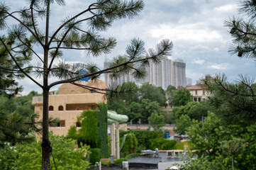 Public park and high-rise buildings of the urban landscape in the center of the metropolis
