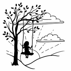 Child on tree swing silhouette illustration with clouds and nature landscape black and white simple drawing art vector design