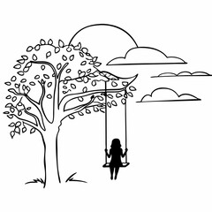 Child silhouette on tree swing outdoor nature scene black and white line art drawing vector illustration coloring book page