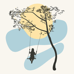 Child on tree swing silhouette vector illustration with yellow sun and blue clouds minimalist nature outdoor play design