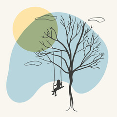 Child swinging on tree swing in minimalist vector illustration with colorful abstract shapes and sun in background