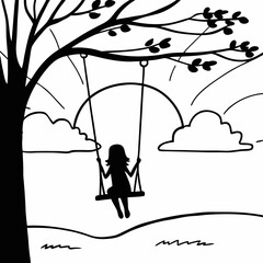 Child silhouette swinging on tree swing under branches black and white illustration peaceful childhood outdoor nature scene