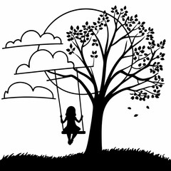 Child on swing under tree silhouette with clouds black and white illustration vector art nature outdoor recreation childhood