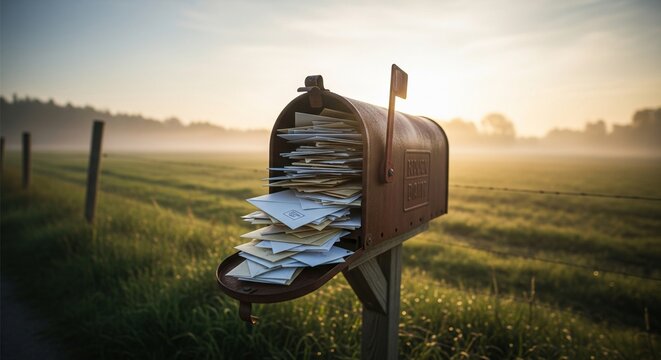 A mailbox overflowing with unread letters in rural setting