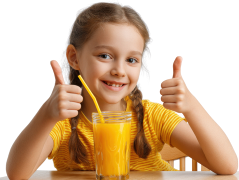 Cheerful Approval with Citrus Delight: A young girl beams with excitement, giving a double thumbs-up of approval, next to a refreshing glass of vibrant citrus juice.