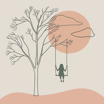 Minimalist line art illustration of person on tree swing with abstract geometric shapes in neutral earth tones background