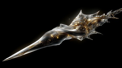 Abstract crystal spear with golden accents, symbolizing power and elegance in a dark, ethereal setting