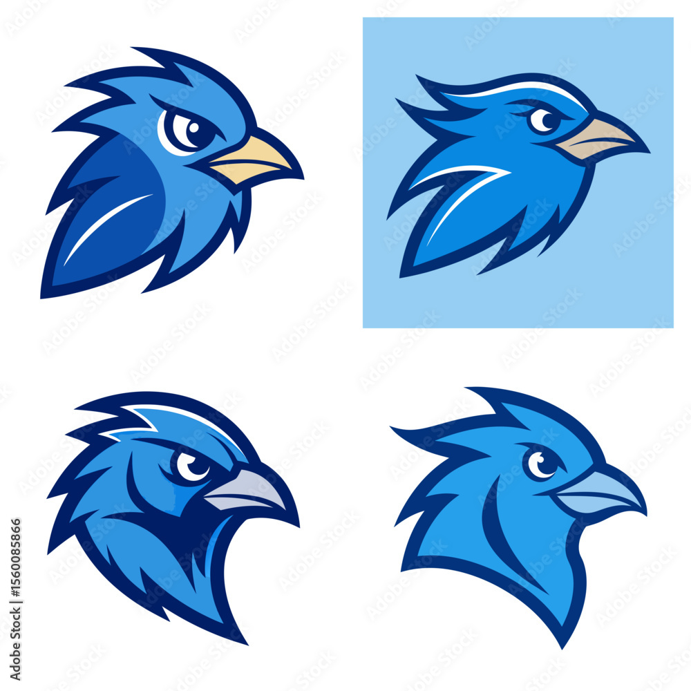 Poster four variations of a blue jay head logo with sharp features and intense gaze in various compositions