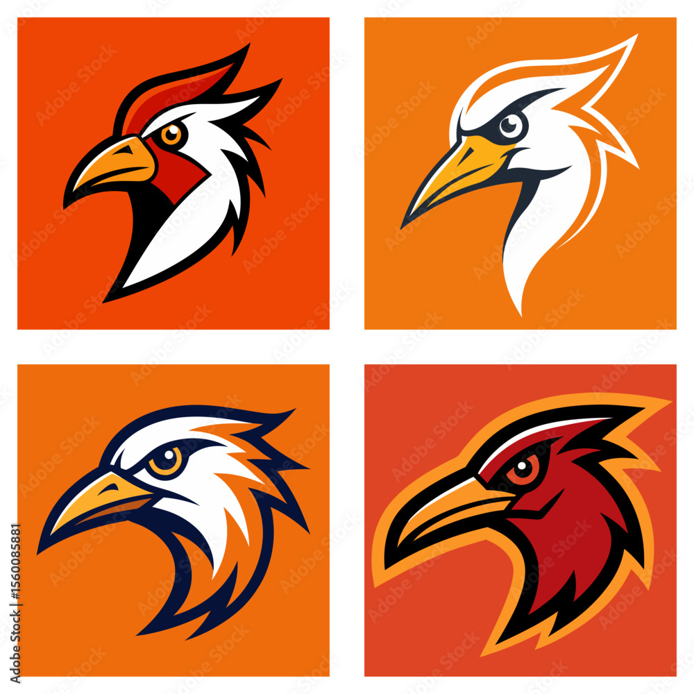 Aufkleber four square images displaying different bird head designs with various color schemes and backgrounds