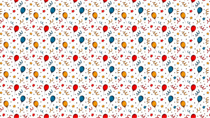 A festive pattern with balloons stars confetti and dots scattered on a white background design repeat