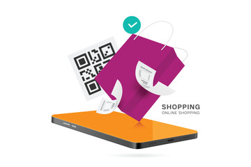 QR code, a receipt, and a purple paper shopping bag appear on a smartphone screen after a customer confirms their order and pay, vector 3d illustration isolated for online shopping concept design
