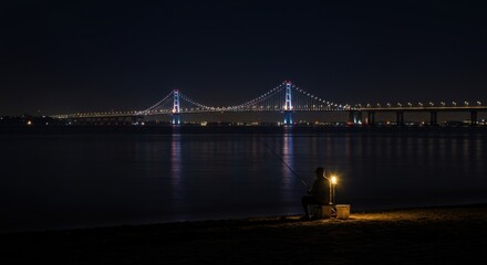 Fototapeta premium Night Fisherman Silhouetted Against Illuminated Bridge and Calm Water