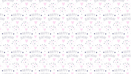 A repeating pattern of happy birthday text hearts and dots on a white background design paper