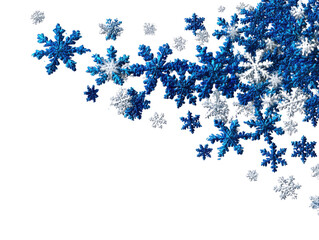 Frozen Geometry: Intricate blue and silver snowflakes elegantly cascade, evoking the ethereal beauty of winter's embrace. The sparkling details captivate the essence of a seasonal wonderland.