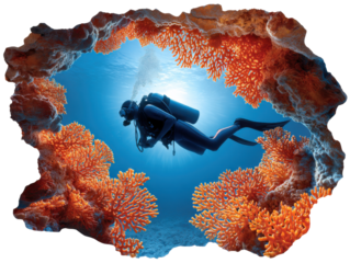 Diver's Deep Dive:  A scuba diver explores vibrant coral reefs in a mesmerizing underwater scene, gliding through the blue expanse.