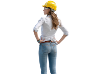 Architectural Confidence: A female architect or engineer stands confidently, surveying a construction site, embodying competence and determination, wearing a hard hat and glasses.