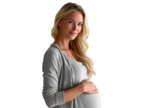 Gentle Expectation: A radiant portrait captures a beautiful, pregnant woman gently cradling her baby bump, conveying anticipation and tenderness. - Powered by Adobe