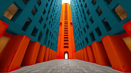 Symmetrical view of contemporary apartment blocks with clean lines and bold colors --chaos 100  