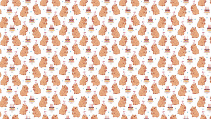 Seamless pattern featuring capybaras with party hats and birthday cakes on a white background design