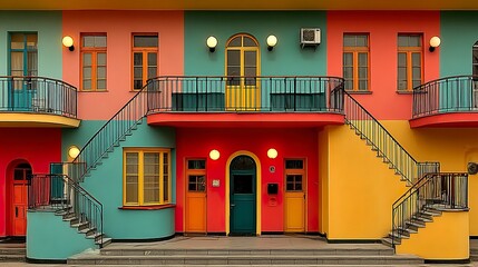 Symmetrical view of contemporary apartment blocks with clean lines and bold colors --chaos 100  