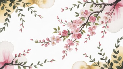 Watercolor Cherry Blossom Branches with Pink and White Flowers

