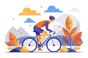 Colorful vector illustration of a young man cycling on a paved road surrounded by nature and blue sky.